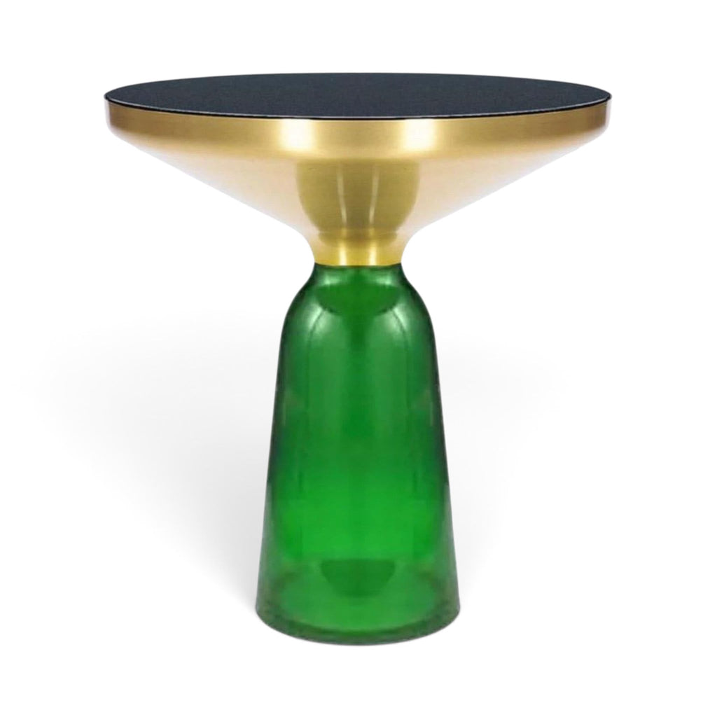 Bell Side Table with emerald green glass base, black top and brushed gold rim