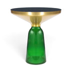 Bell Side Table with emerald green glass base, black top and brushed gold rim