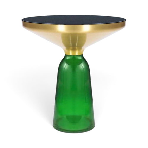 Bell Side Table with emerald green glass base, black top and brushed gold rim