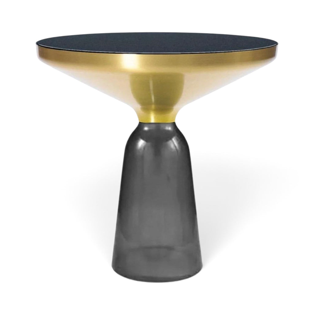 Bell Side Table with grey glass base, black top and brushed gold rim