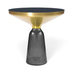 Bell Side Table with grey glass base, black top and brushed gold rim