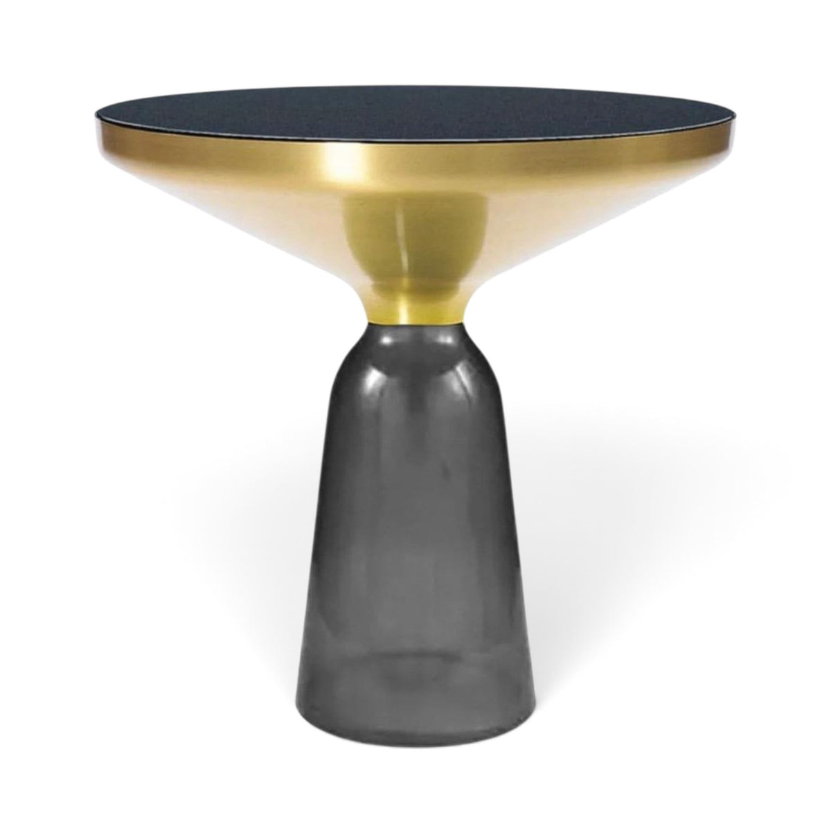 Bell Side Table with grey glass base, black top and brushed gold rim