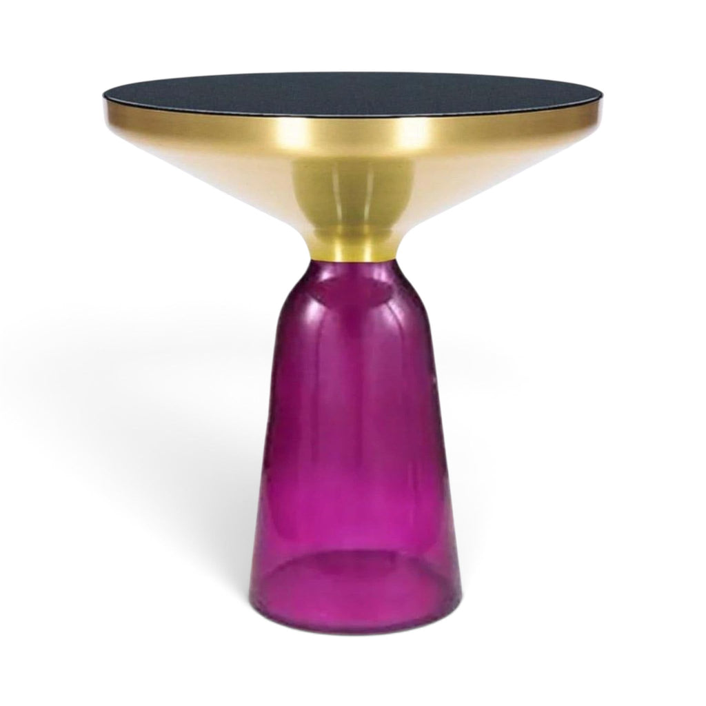 Bell Side Table with violet glass base, black top and brushed gold rim