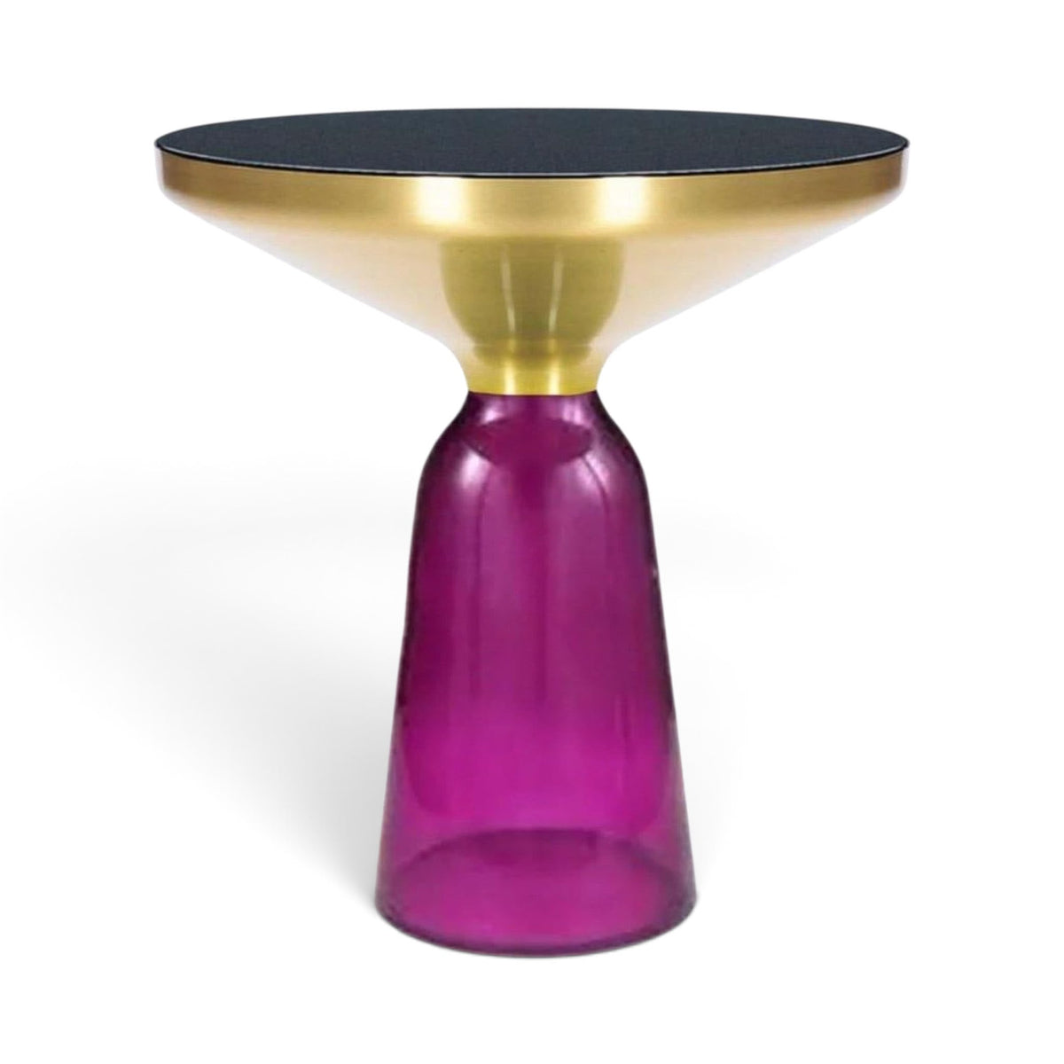 Bell Side Table with violet glass base, black top and brushed gold rim