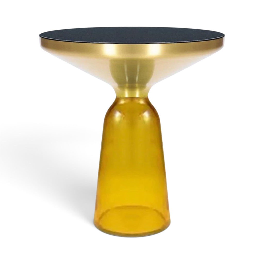 Bell Side Table with yellow glass base, black top and brushed gold rim