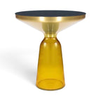Bell Side Table with yellow glass base, black top and brushed gold rim