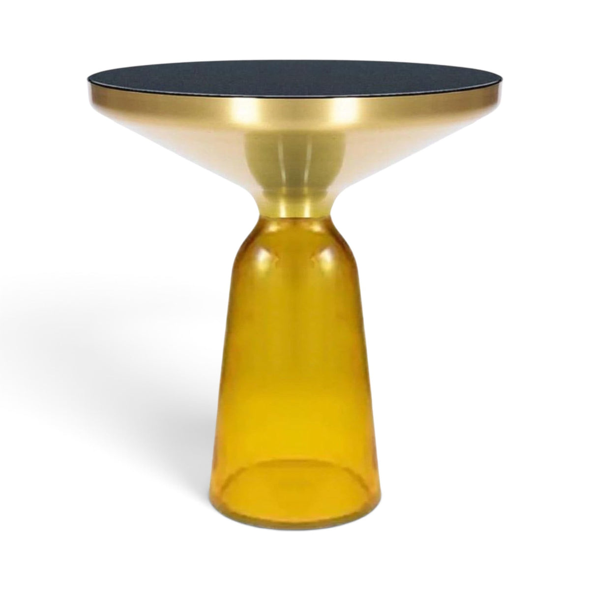 Bell Side Table with yellow glass base, black top and brushed gold rim