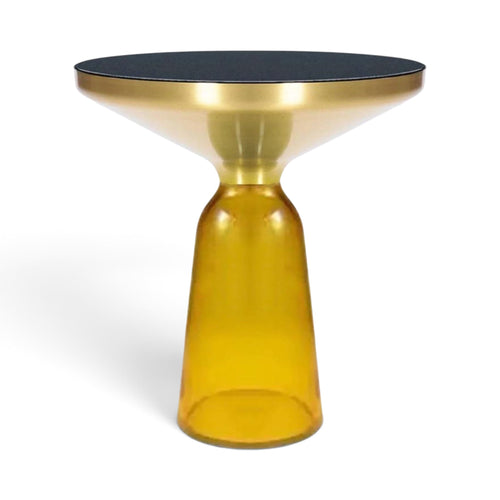 Bell Side Table with yellow glass base, black top and brushed gold rim