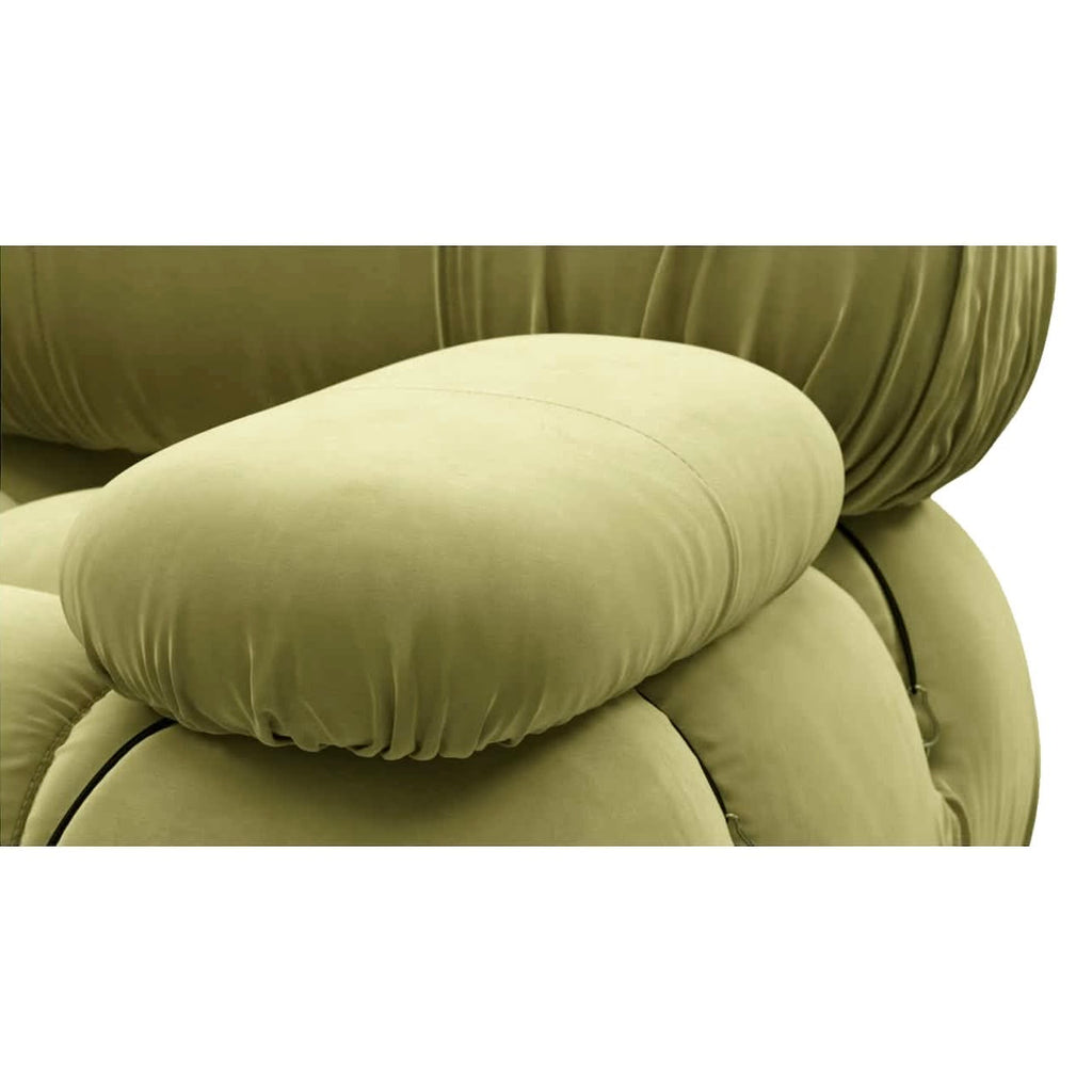 Close-Up of the Bellini Sofa Armrest in Olive colour Velvet | Nue Modern