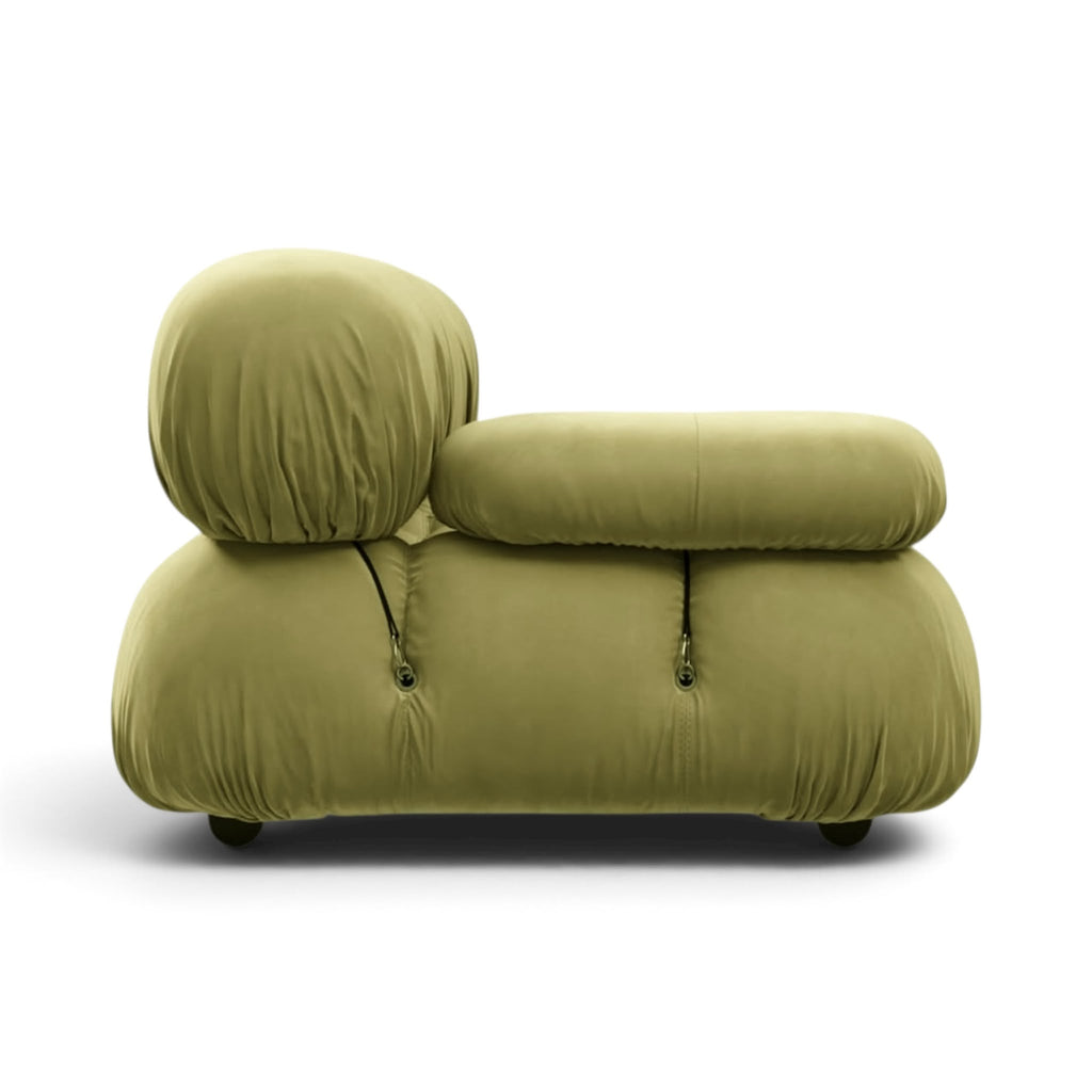 Olive tone velvet upholstered Bellini Studio Sofa - Side View | Nue Modern
