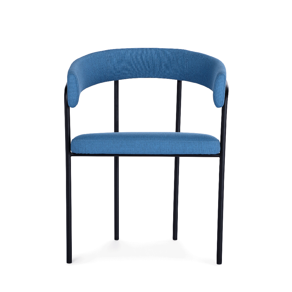 360 view of the C-Chair in blue fabric and black metal frame | Nue Modern