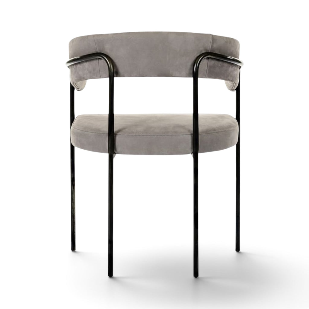View of the back of the C-Chair shown in Light Grey fabric and black metal frame | Nue Modern