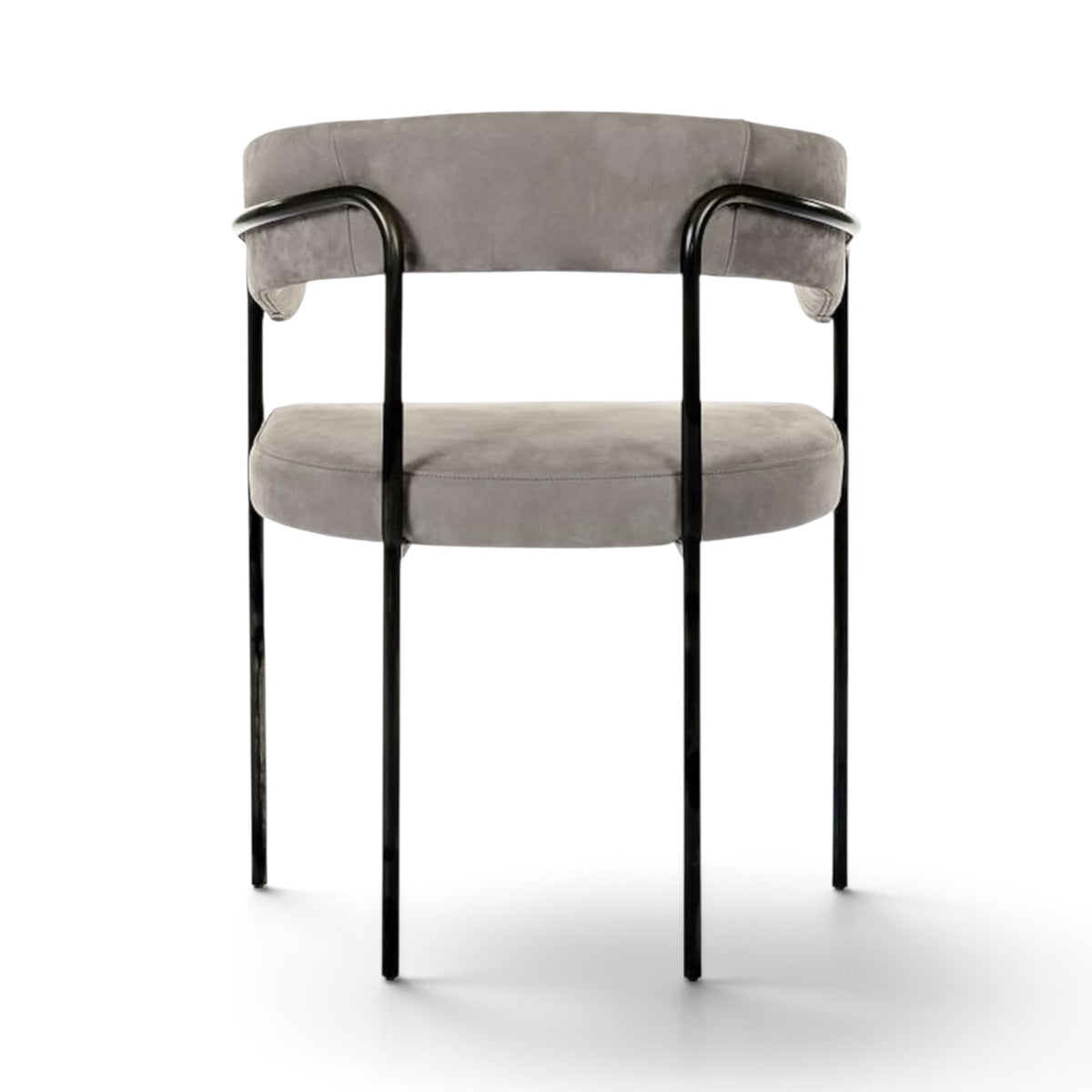 View of the back of the C-Chair shown in Light Grey fabric and black metal frame | Nue Modern