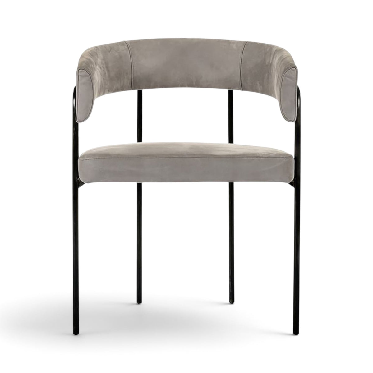Front view of the C-Chair upholstered in grey suede with black metal frame | Nue Modern