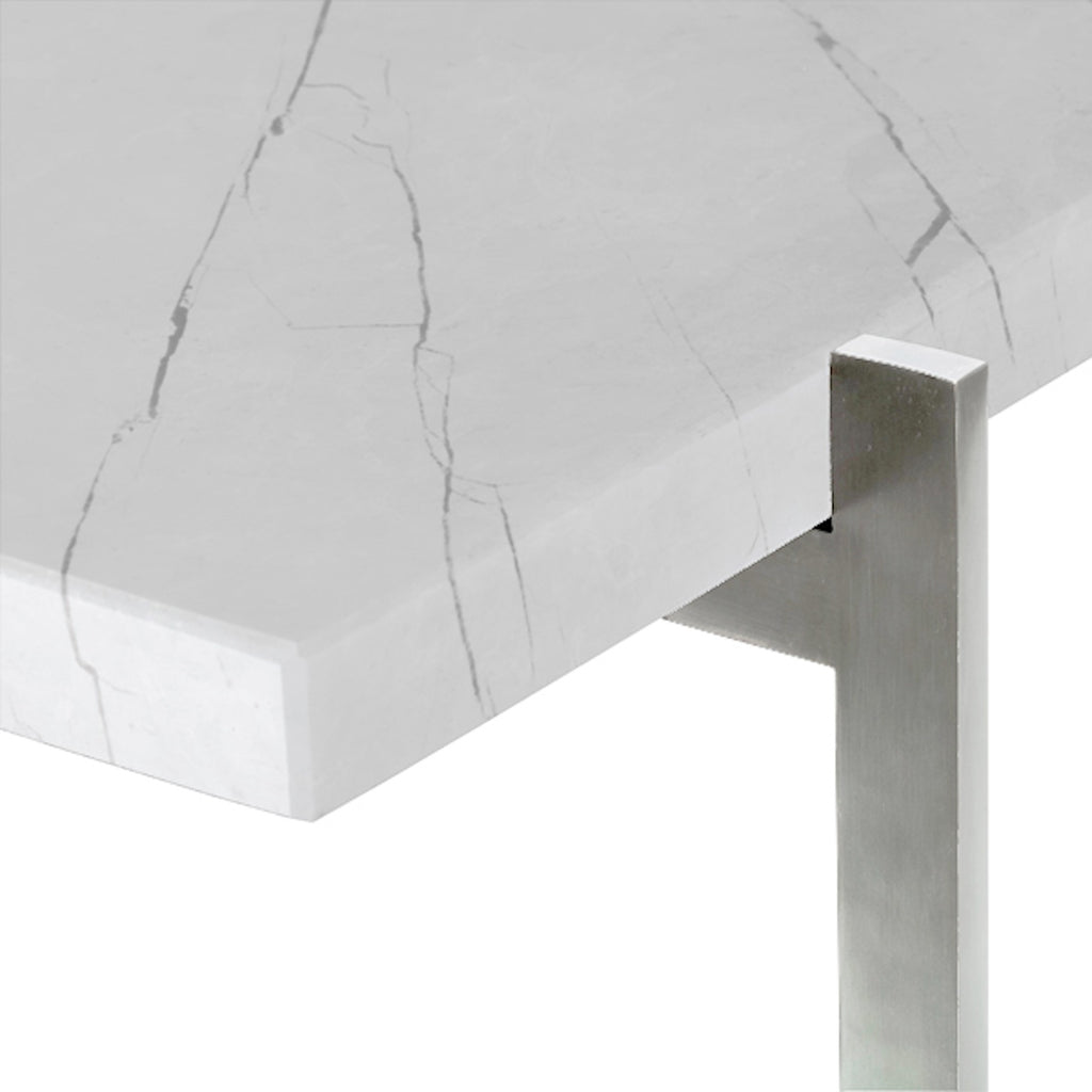 Close-up of the PK61 Coffee Table showing the white marble and stainless steel base | Nue Modern