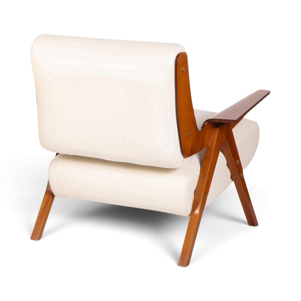 Lina Armchair in white leather with natural wooden frame - three-quarter back view | Nue Modern