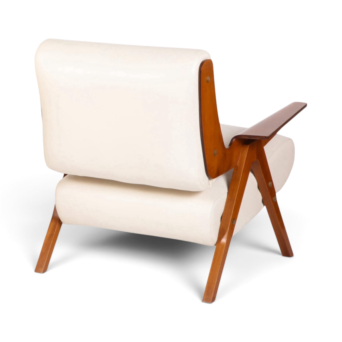 Lina Armchair in white leather with natural wooden frame - three-quarter back view | Nue Modern