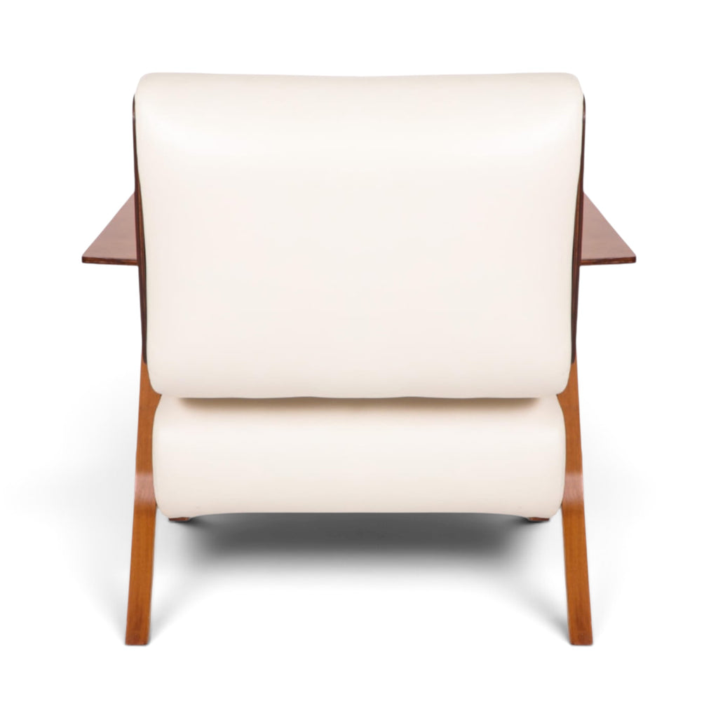Lina Armchair Gianfranco Frattini Inspired in white leather with natural wooden frame back view | Nue Modern