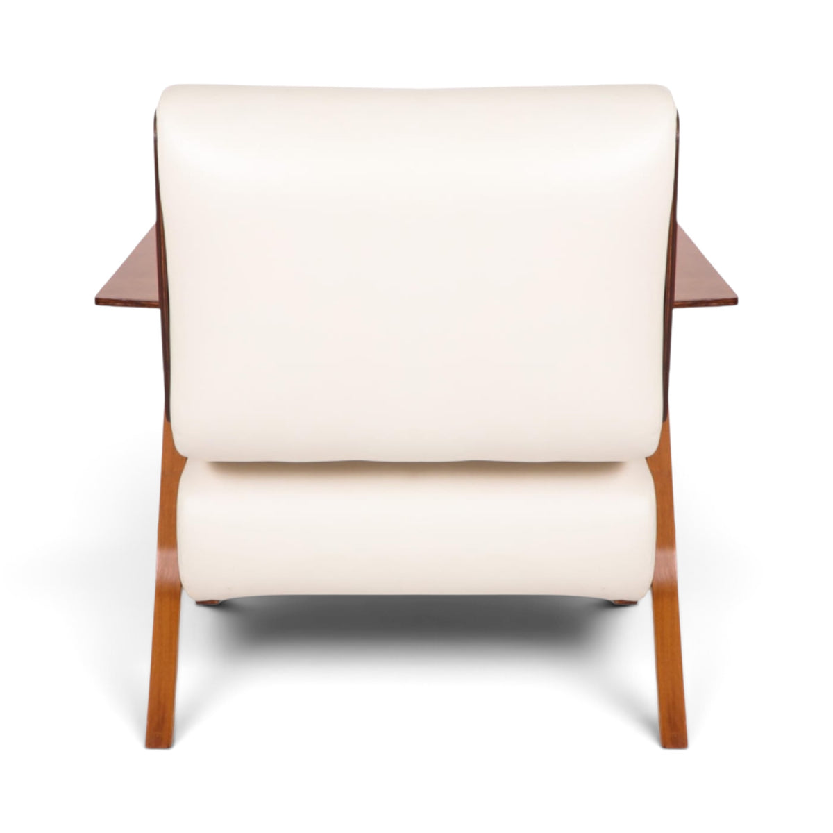 Lina Armchair Gianfranco Frattini Inspired in white leather with natural wooden frame back view | Nue Modern