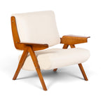 Side angle view of the Gianfranco Frattini Inspired Lina Armchair in white leather with natural wooden frame | Nue Modern