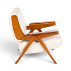 Side view of the Gianfranco Frattini Inspired Lina Armchair in white leather with natural wooden frame | Nue Modern
