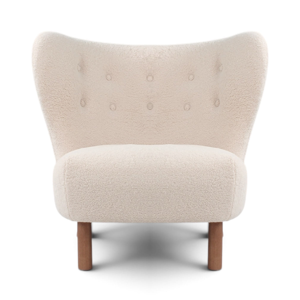 Front view of the Little Petra Lounge chair in a off-white Sherpa fabric with walnut legs | Nue Modern