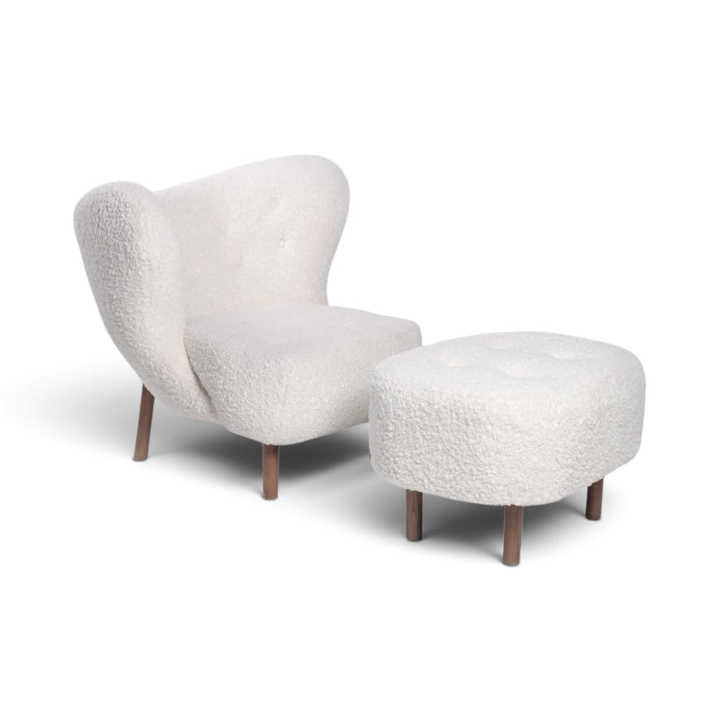 Little Petra Lounge Chair and Ottoman in off-white bouclé with walnut legs | Nue Modern