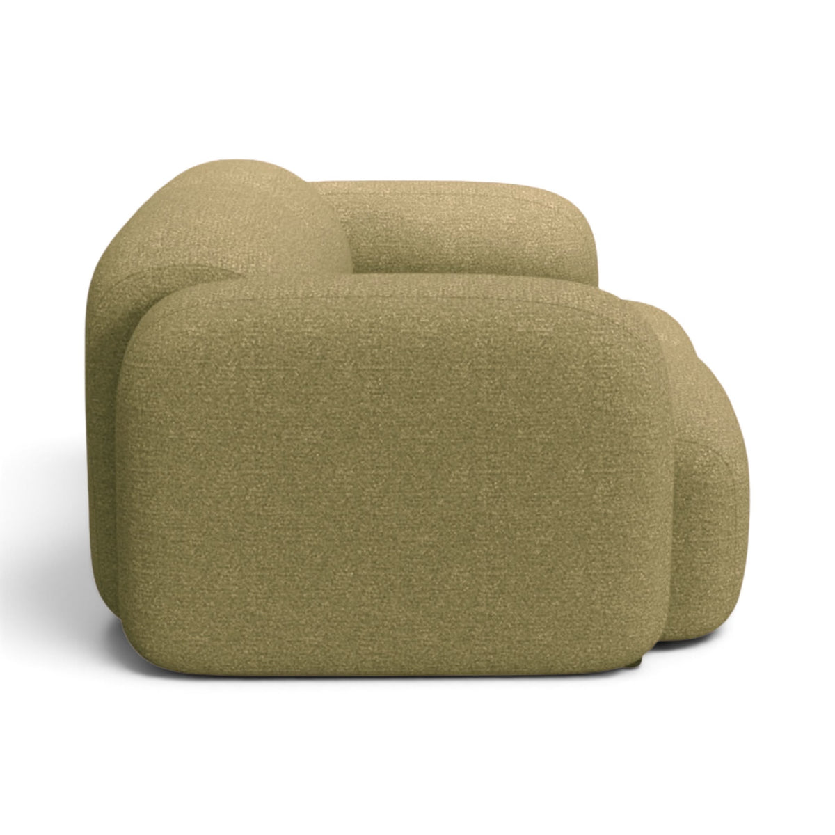 Mellow 2-Seater Sofa upholstered in a textured olive green fabric, shown from a side profile view | Nue Modern
