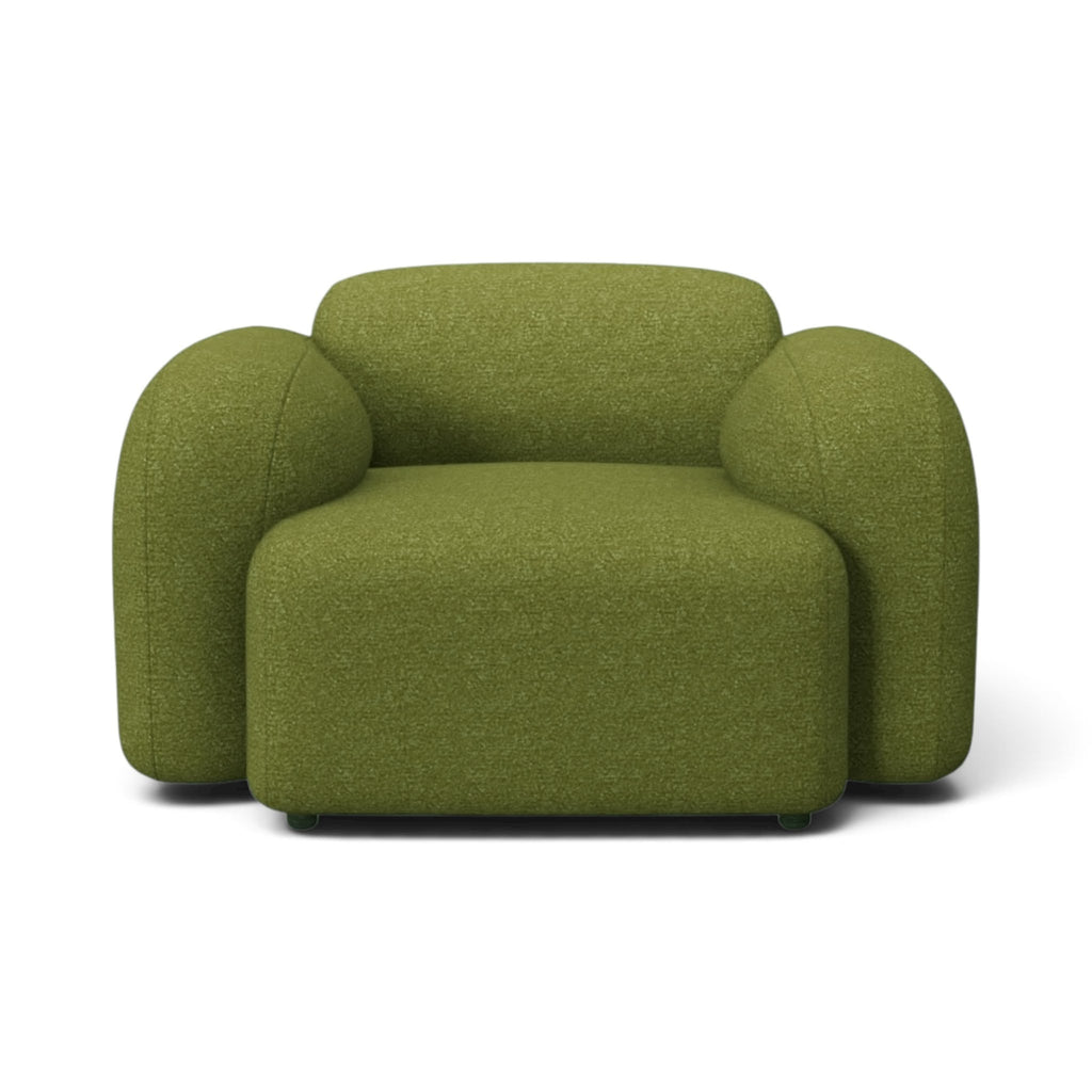 Mellow Armchair in olive green - front view of the rounded arms