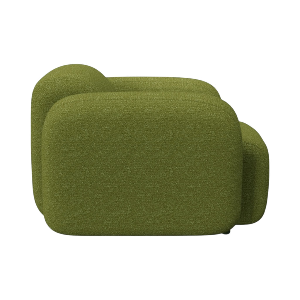 Mellow Armchair in olive green bouclé - side view