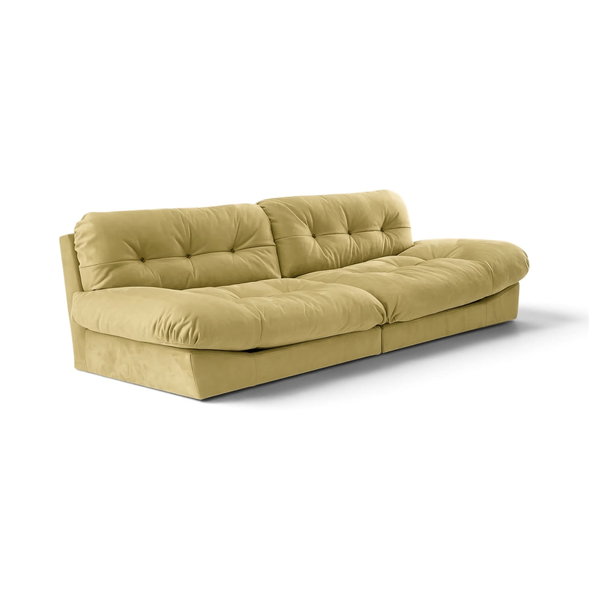Milano sofa upholstered in a mustard tone Nubuck leather, shown from a three-quarters angle | Nue Modern