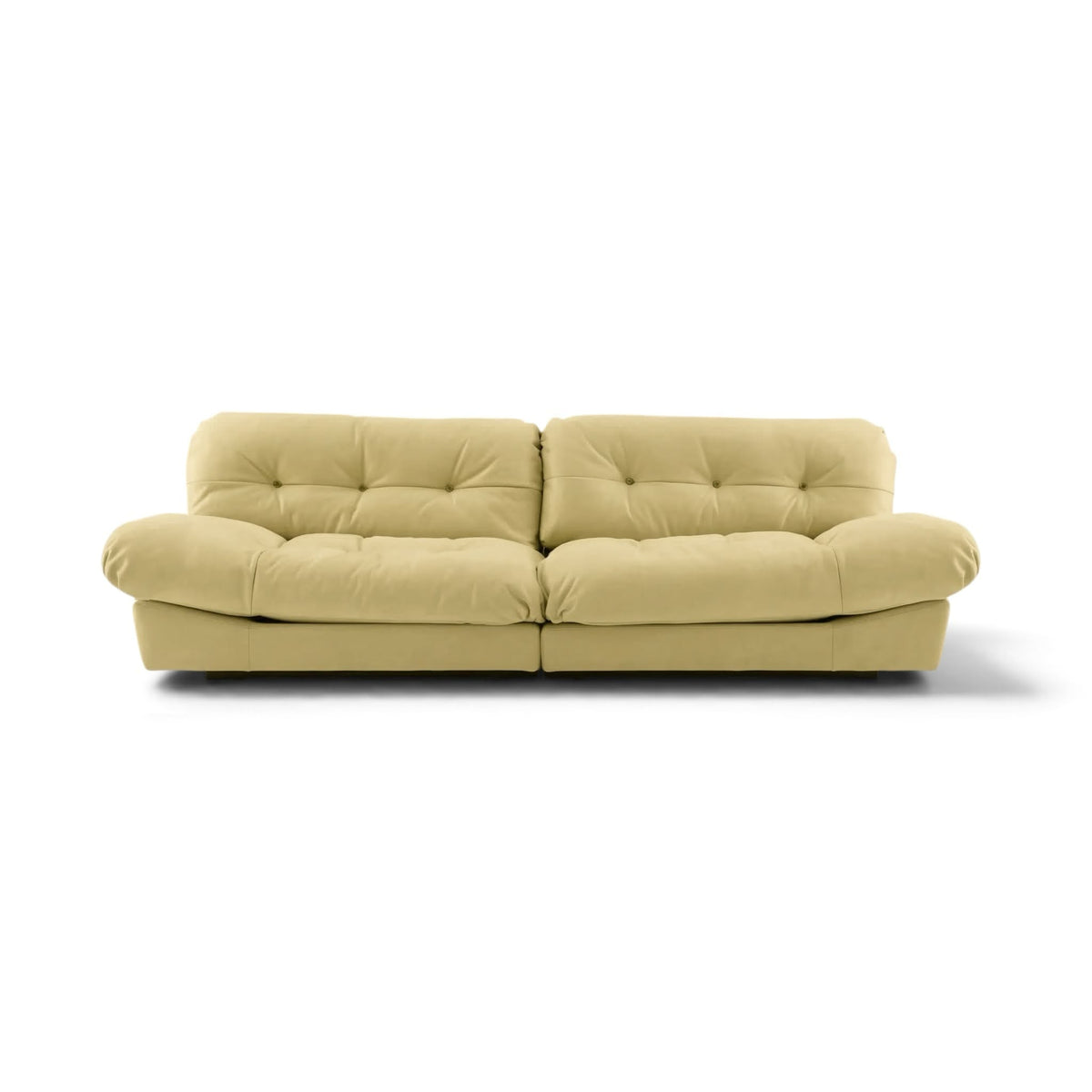 Milano two-seater sofa upholstered in light beige leather with tufted back cushions and rounded arms | Nue Modern