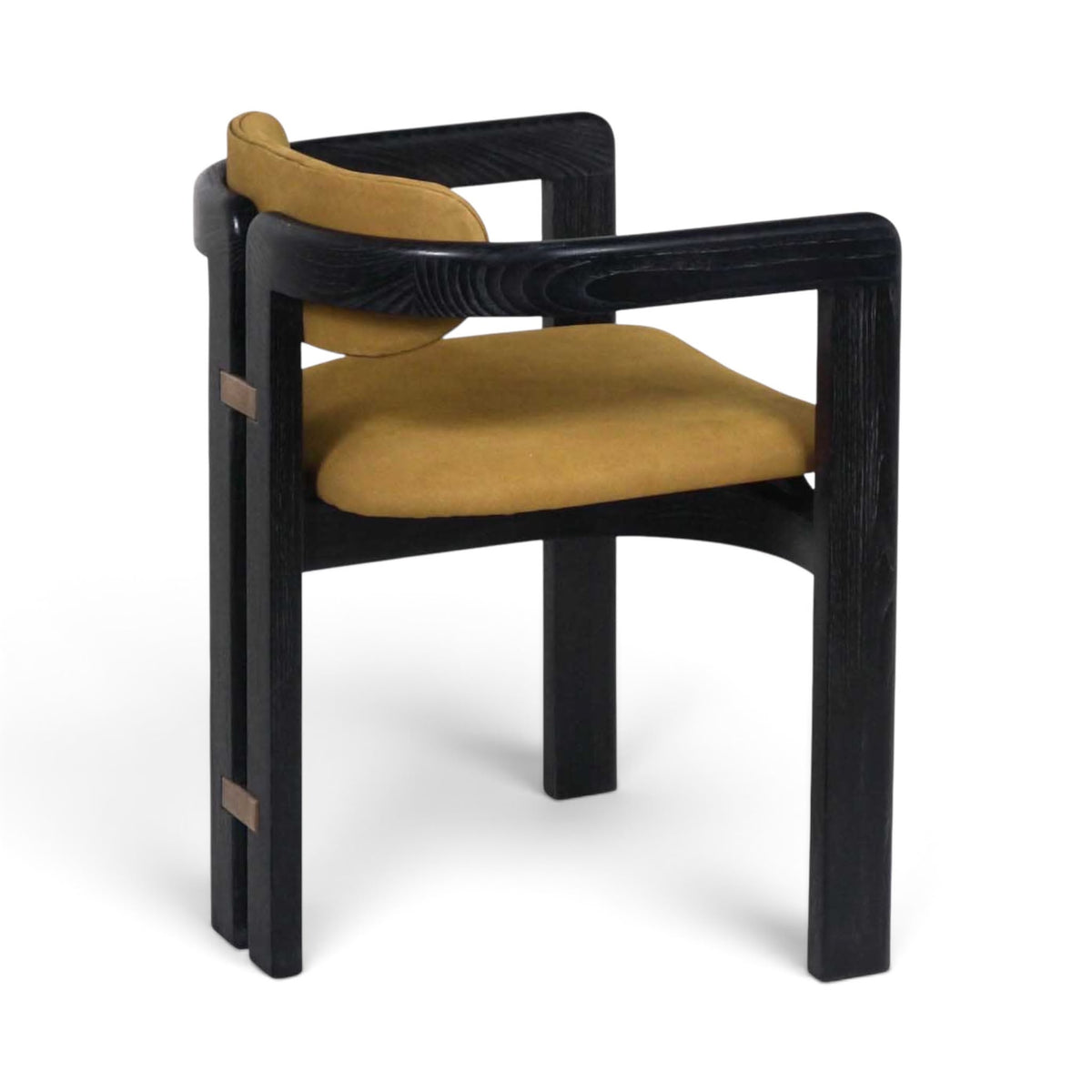 Pamplona Armchair - back side view, black frame with mustard leather cushions