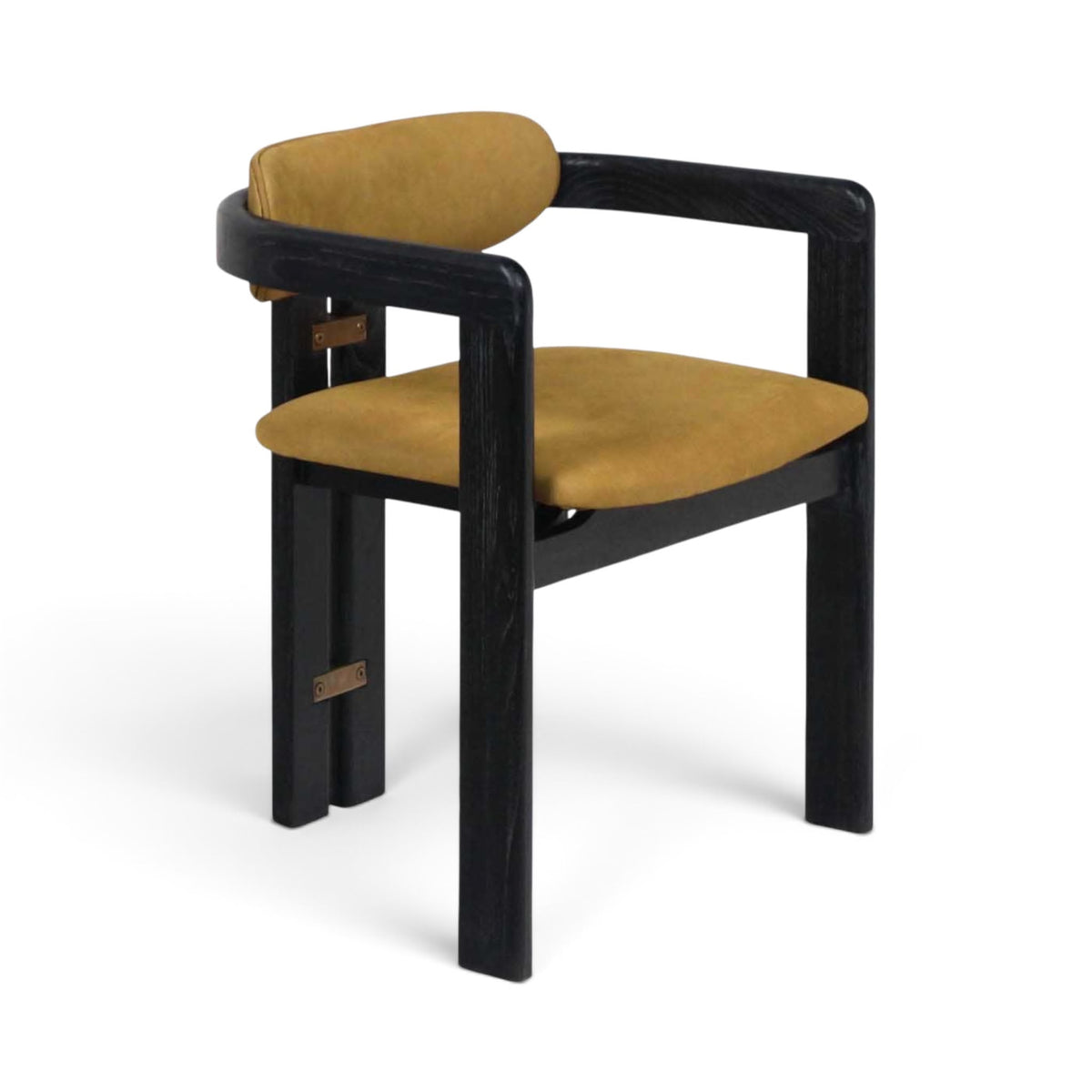 Pamplona armchair with a black wooden frame and mustard yellow leather seat and back cushions | Nue Modern
