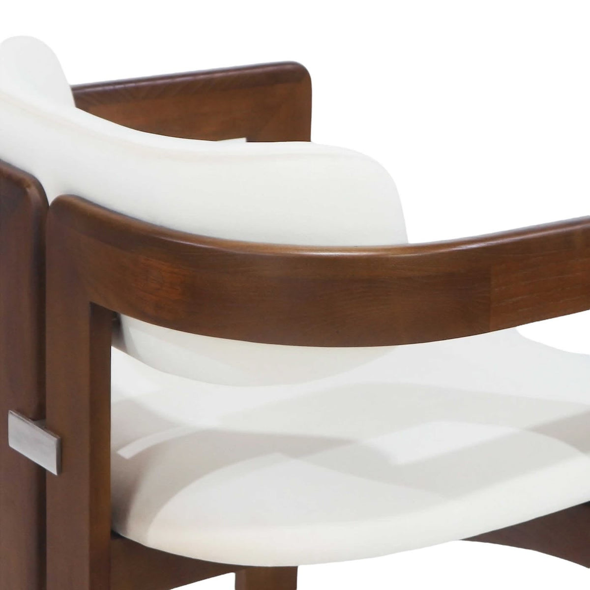 Pamplona Armchair - close-up of curved walnut frame and white cushions