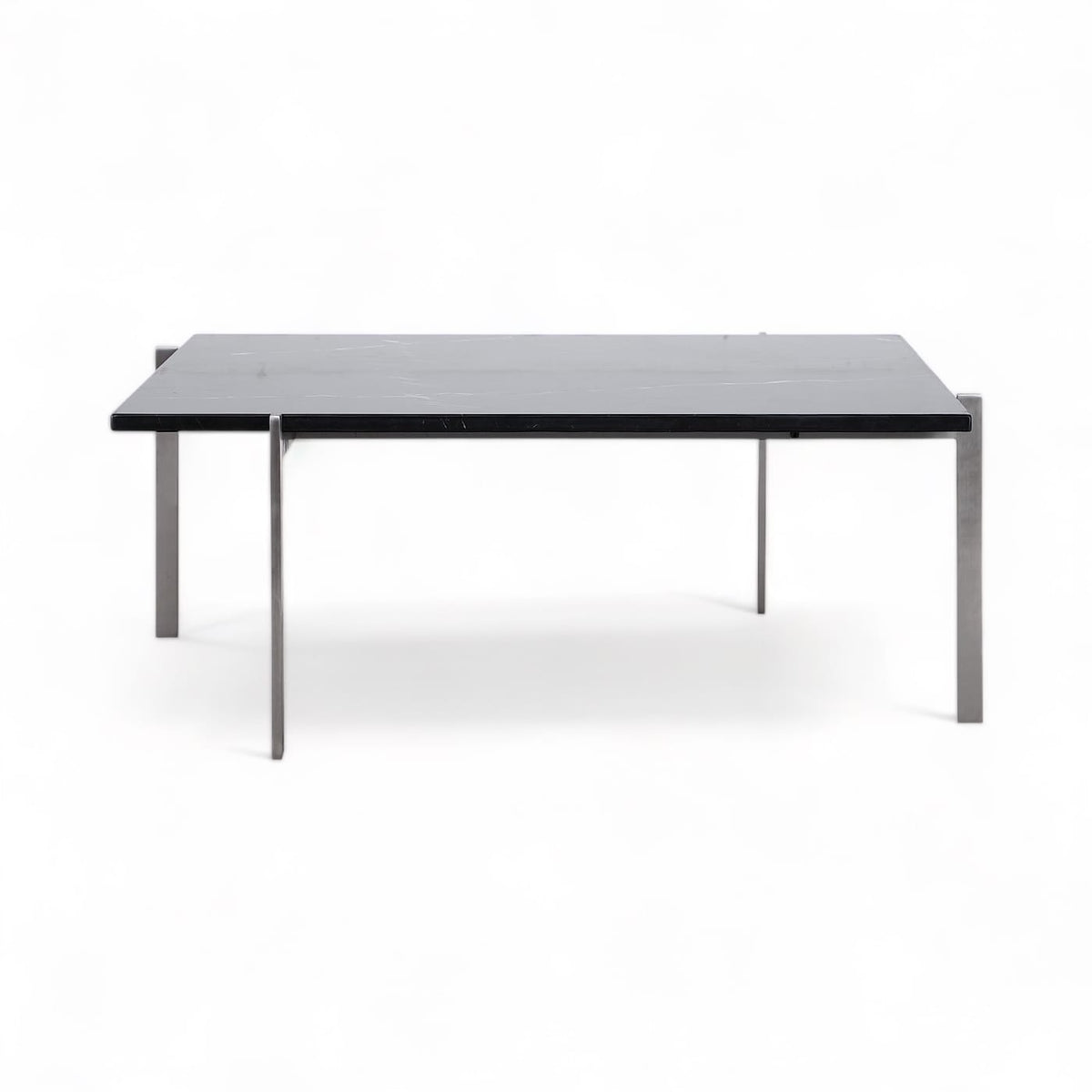 Front view of the PK61 Coffee Table with black marble top and stainless steel base | Nue Modern 