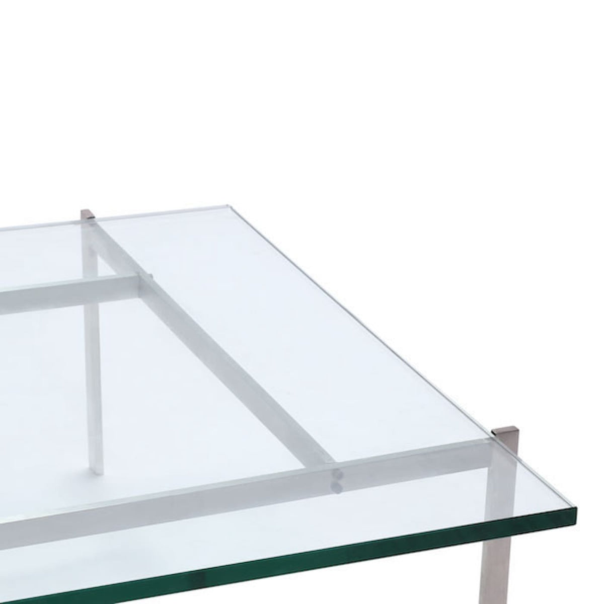 PK61 Coffee Table - detail view of the glass and stainless steel base | Nue Modern