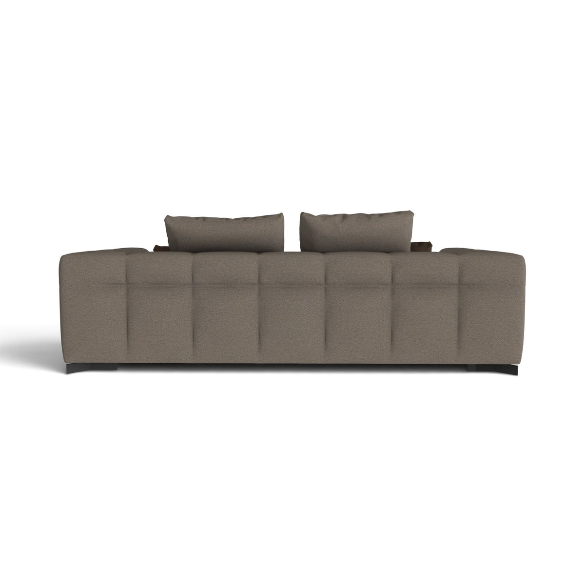 A modern upholstered sofa shown from the back, featuring a tufted backrest, two matching back cushions, and dark legs, in a solid taupe-brown fabric against a plain white background.