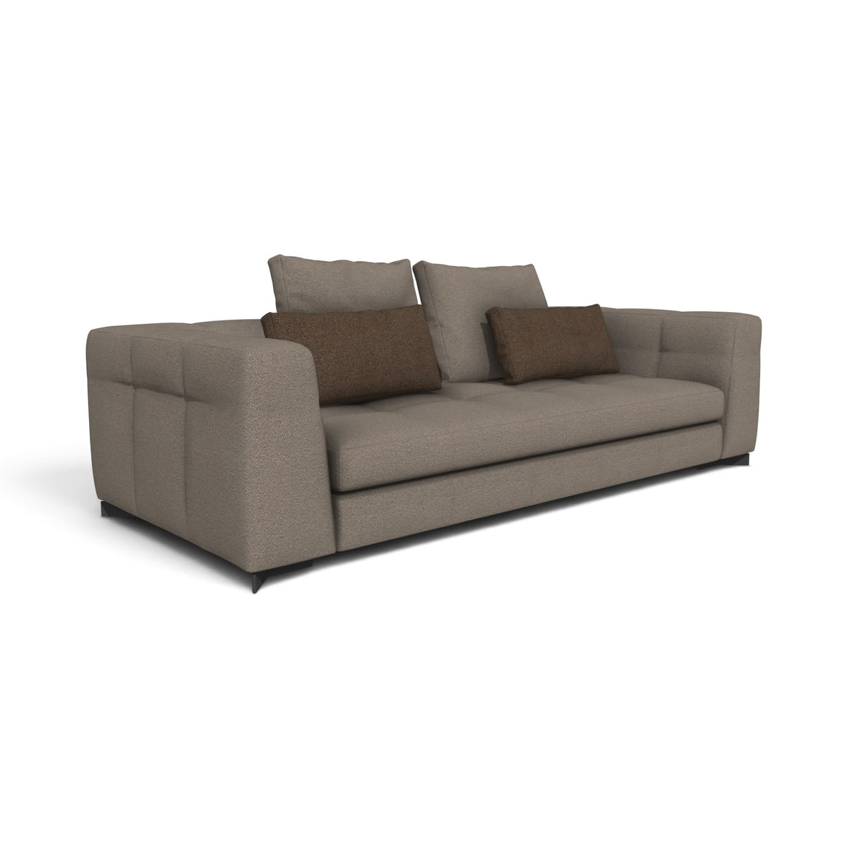 A modern two-seater sofa upholstered in textured taupe fabric, with two dark-brown throw pillows and two matching back cushions, set against a plain white background.
