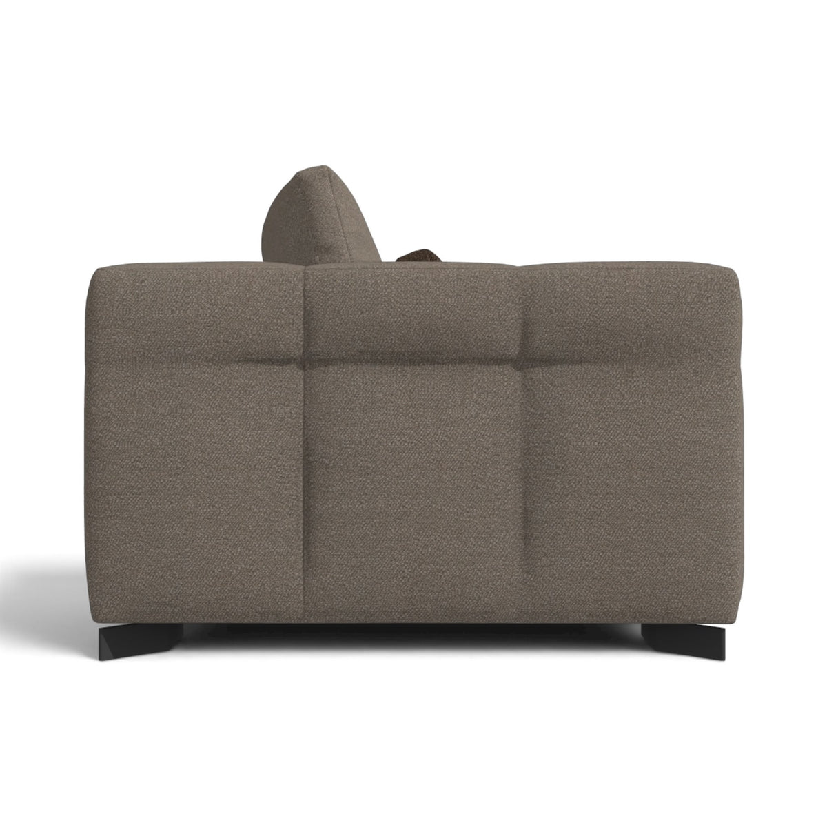 A modern upholstered sofa shown from the back, featuring a textured taupe fabric and dark wooden feet, isolated on a white background.