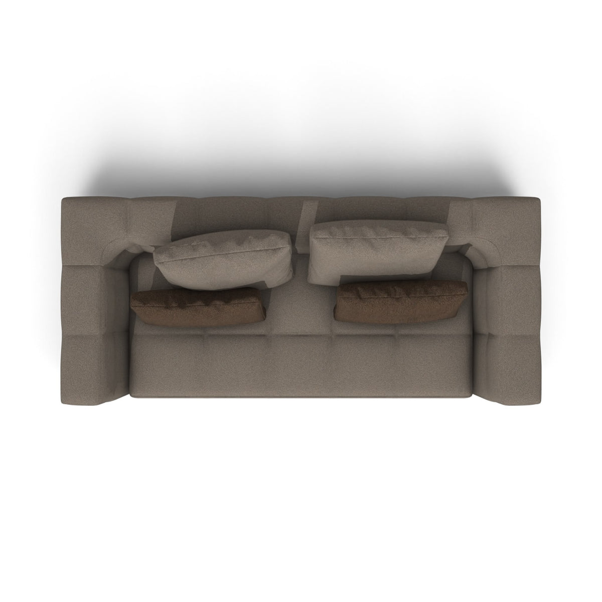 A top-down view of a modern, low-profile sofa in taupe fabric, styled with four matching cushions (two light taupe and two dark brown), set against a plain white background.