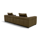 A modern sectional sofa in a textured brown fabric, featuring a tufted grid pattern on the backrest and seat cushions, with two matching throw pillows, shown from a three-quarters angle on a white background.