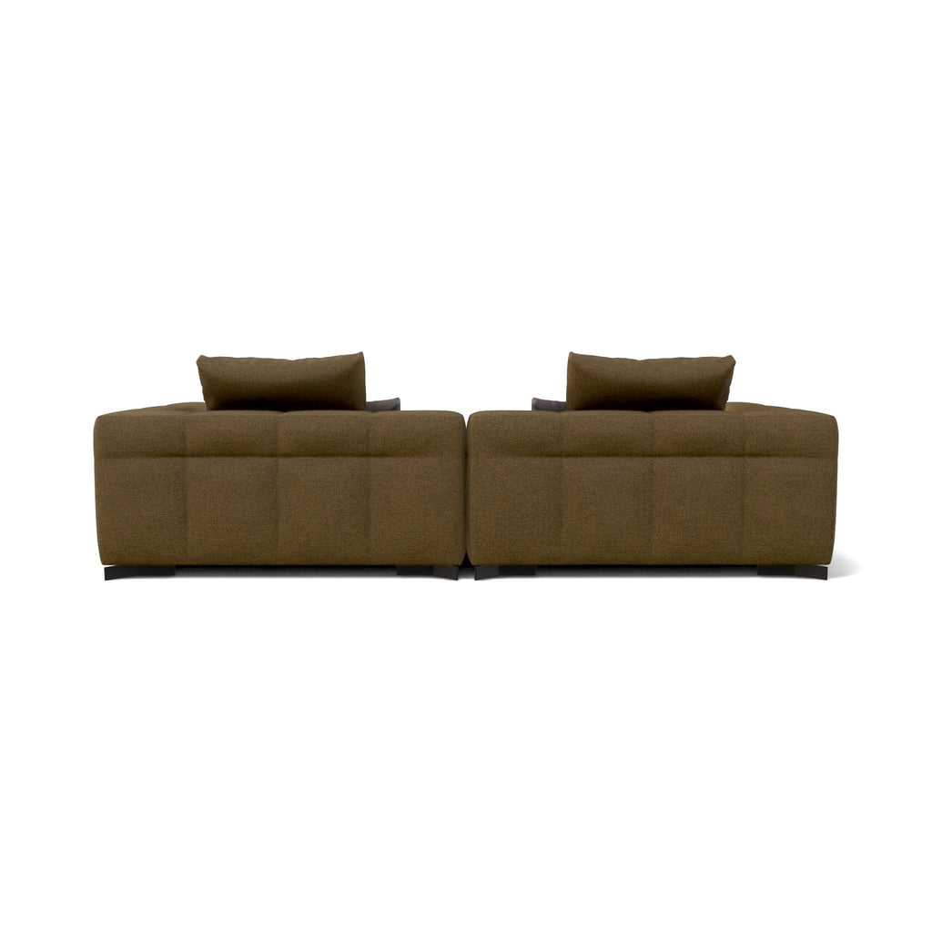 A modern two-seater sofa upholstered in a textured olive-brown fabric, featuring a low profile, square arms, and two matching back cushions, shown from a straight-on perspective against a plain white background.