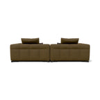 A modern two-seater sofa upholstered in a textured olive-brown fabric, featuring a low profile, square arms, and two matching back cushions, shown from a straight-on perspective against a plain white background.