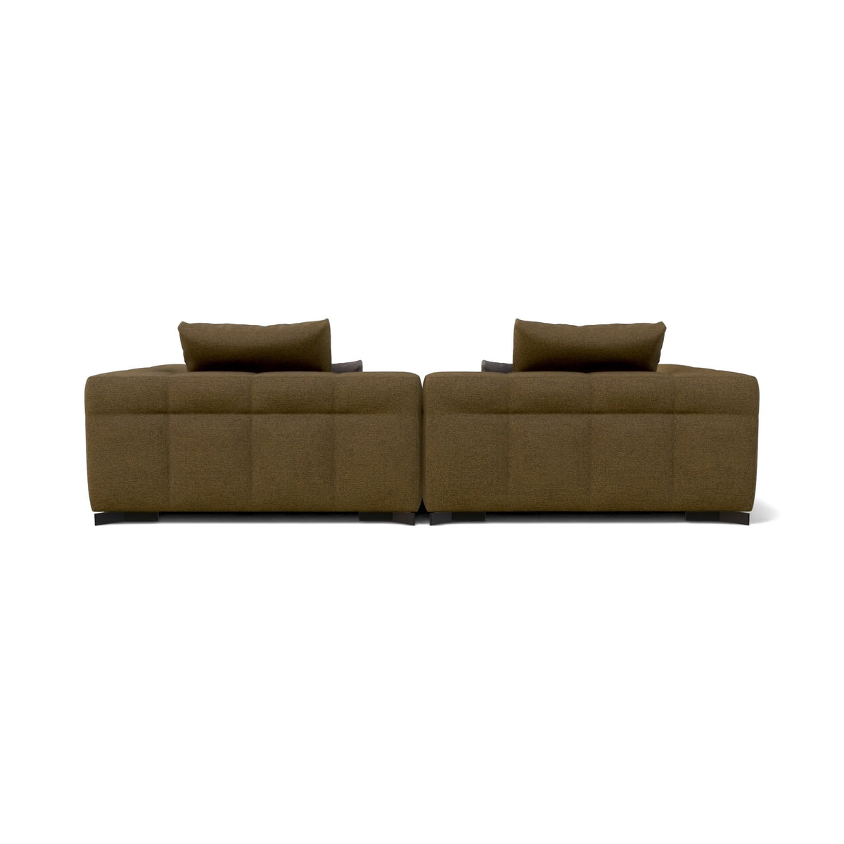 A modern two-seater sofa upholstered in a textured olive-brown fabric, featuring a low profile, square arms, and two matching back cushions, shown from a straight-on perspective against a plain white background.