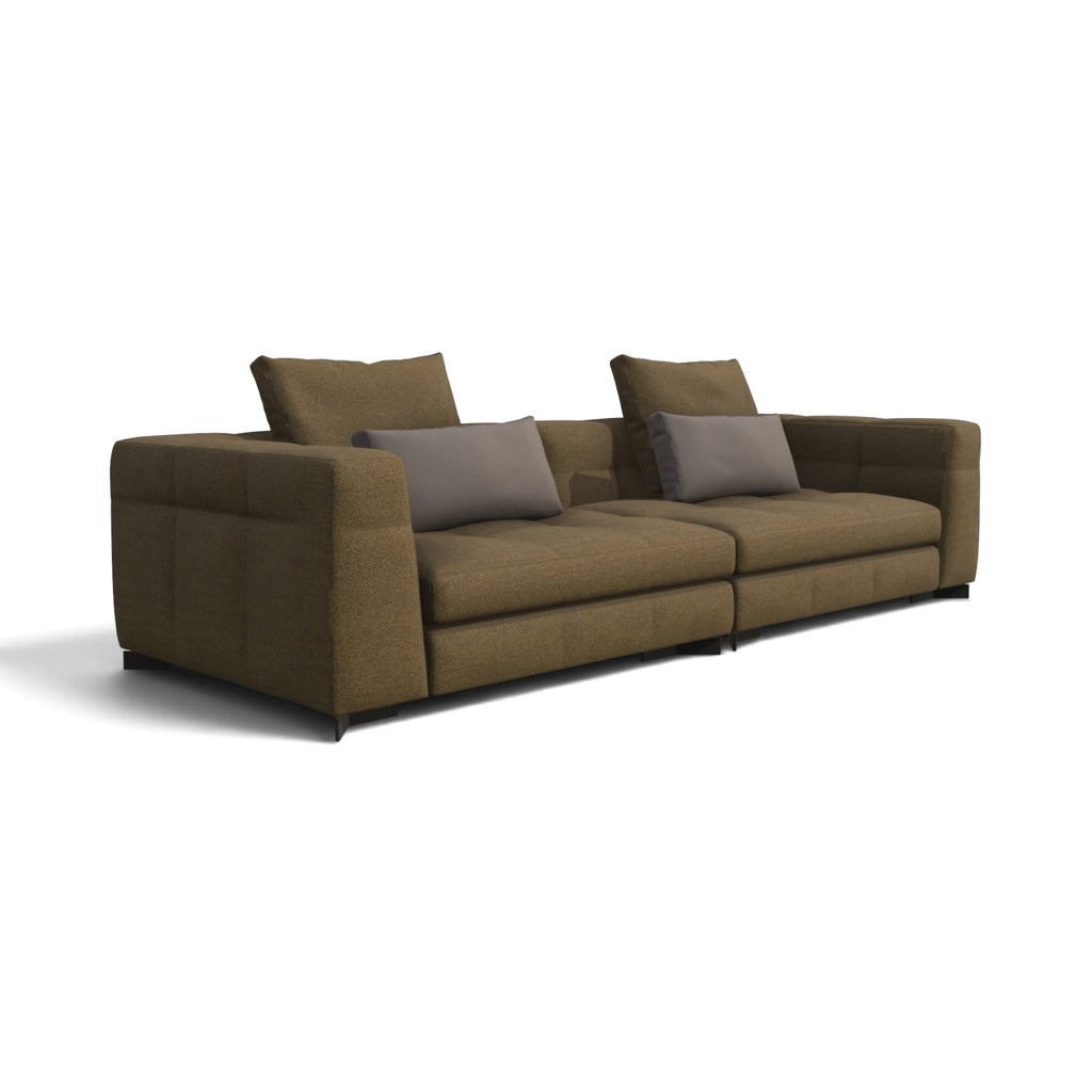 A modern two-seater sofa in a textured brown fabric with two gray throw pillows, shown on a plain white background.