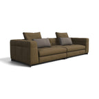 A modern two-seater sofa in a textured brown fabric with two gray throw pillows, shown on a plain white background.