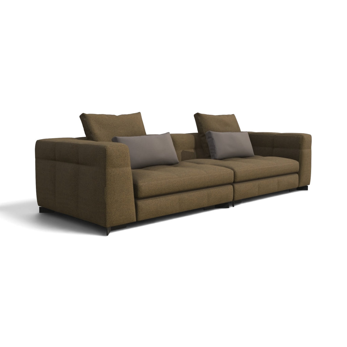 A modern two-seater sofa in a textured brown fabric with two gray throw pillows, shown on a plain white background.