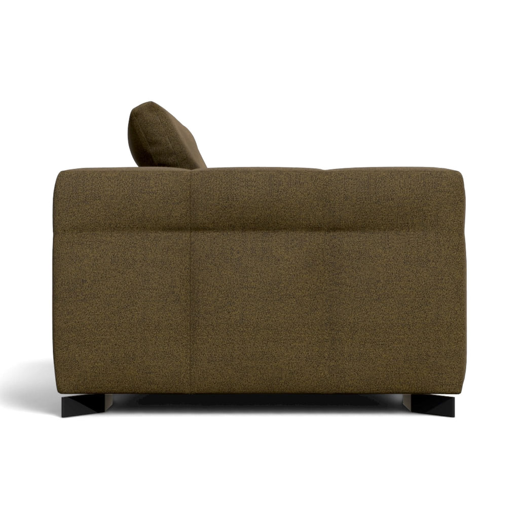 A modern upholstered armchair shown from the back, featuring a textured olive-brown fabric and a dark wooden footrest.