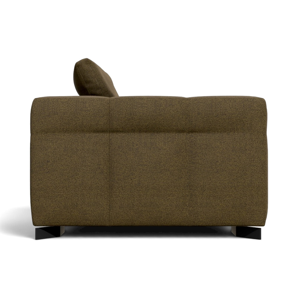 A modern upholstered armchair shown from the back, featuring a textured olive-brown fabric and a dark wooden footrest.